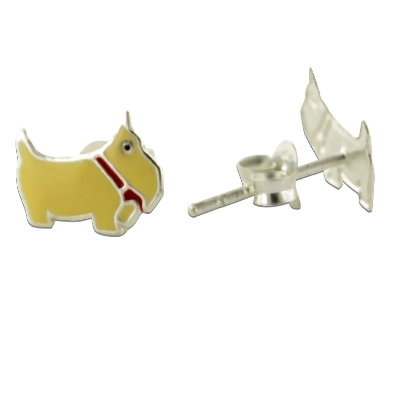 Yellow Enamel Scottish Terrier Puppy Dog Sterling Silver Studs Post Earrings