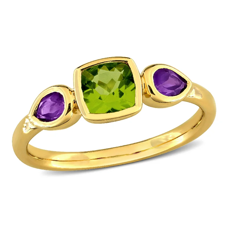 Miadora 1ct TGW Cushion-Cut Peridot and Pear-Cut Amethyst 3-Stone Ring in 10k Yellow Gold