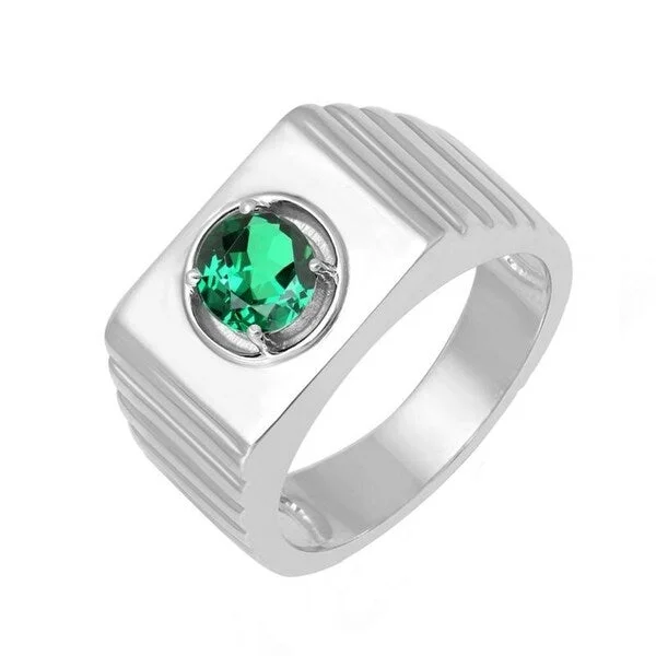 Sterling Silver Green Emerald Solitaire Men's Ring