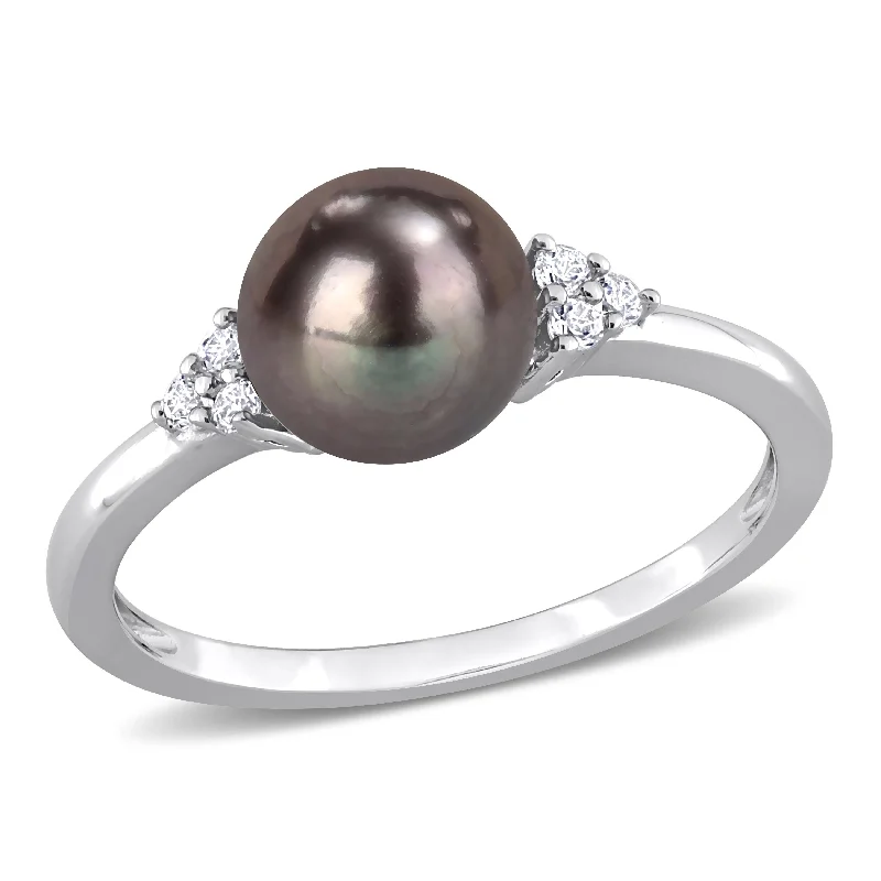 Miadora 7.5-8mm Black Cultured Freshwater Pearl and 1/5ct TGW White Topaz Cocktail Ring in Sterling Silver