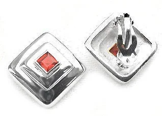 Sterling Silver 5mm Square Red Garnet Clip On Earrings