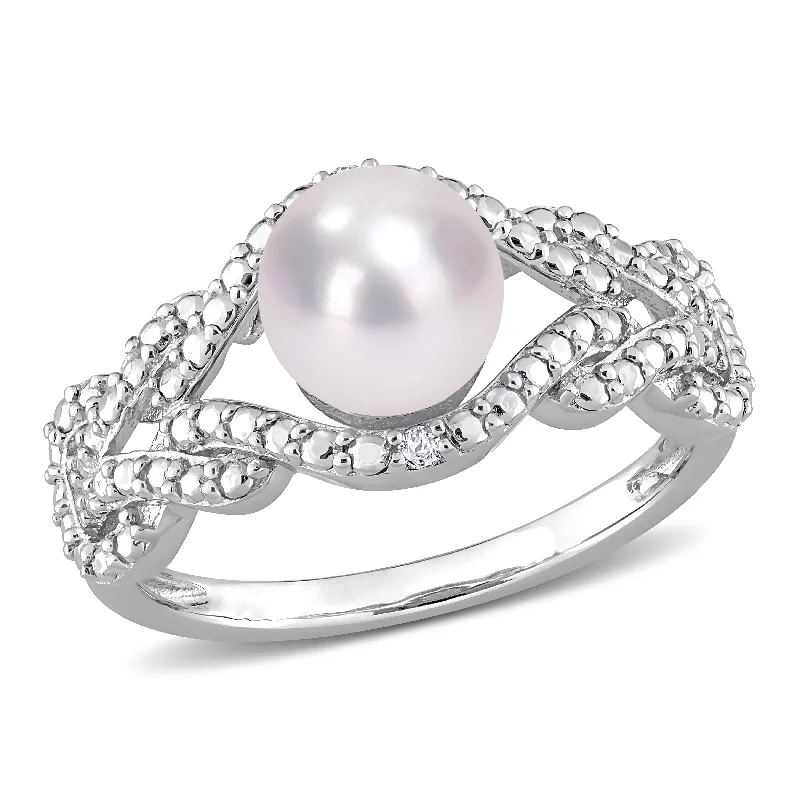 Miadora 7-7.5mm Cultured Freshwater Pearl and Diamond Accent Infinity Ring in Sterling Silver