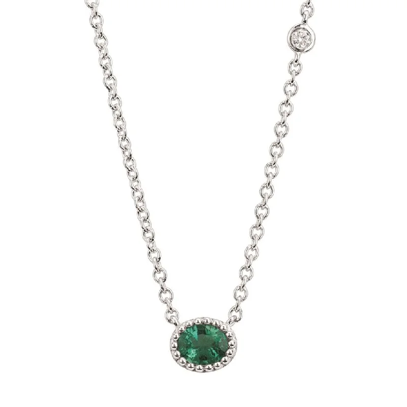 14K White Gold 0.35ctw Oval Emerald & Diamond Necklace