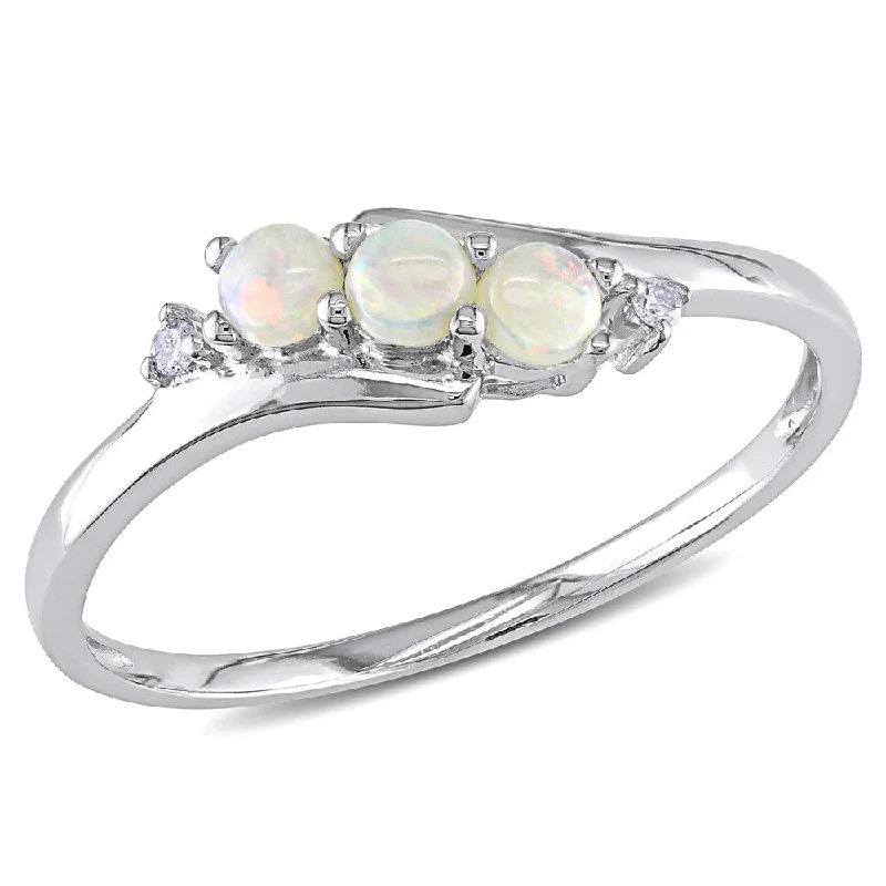 Miadora 10k White Gold Opal and Diamond Accent Three Stone Ring