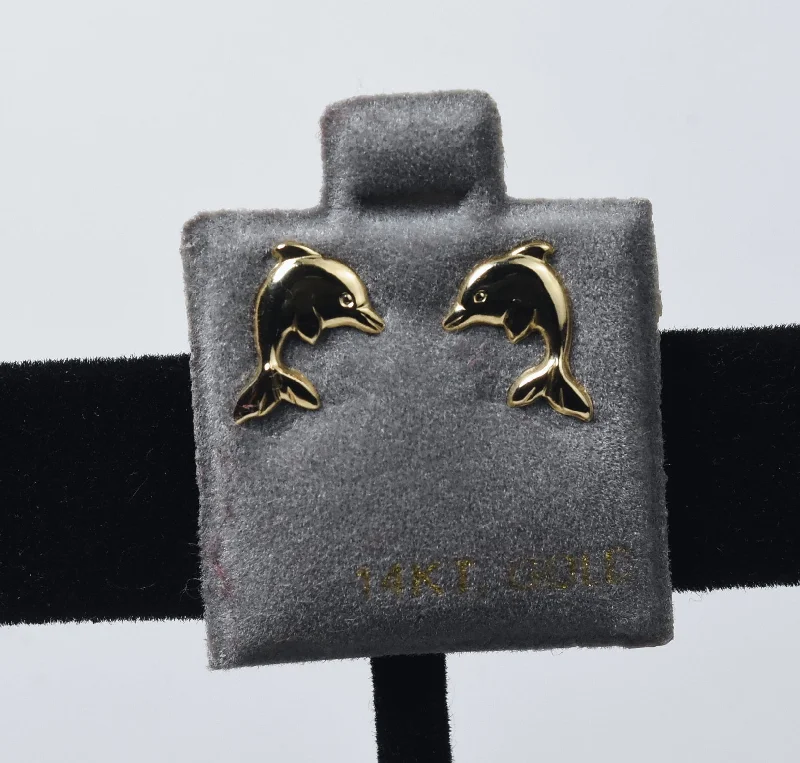 14k Yellow Gold Dolphin Screw Back Stud Earrings