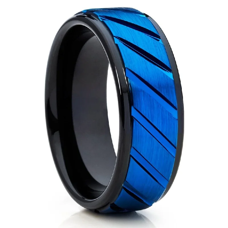 Blue Black Tungsten Wedding Ring 8Mm Mens Comfort Fit Titanium Design Size 715