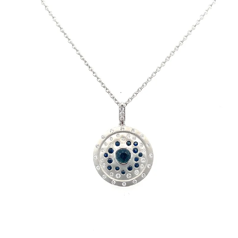 14K White Gold 0.70ctw Blue Sapphire & Diamond Circle Necklace