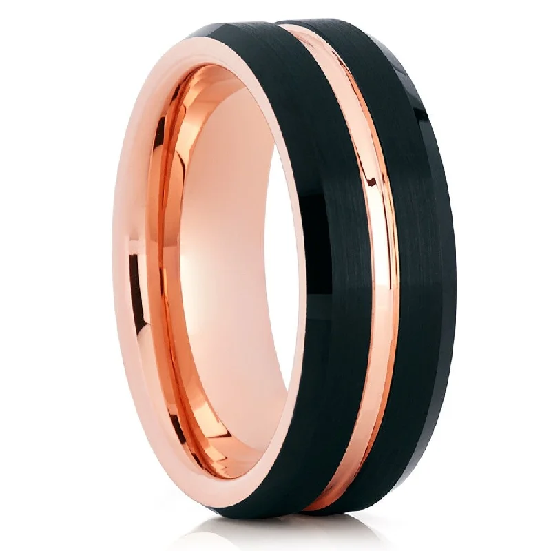 Black Tungsten Wedding Ring 8Mm Rose Gold Comfort Fit Anniversary Band