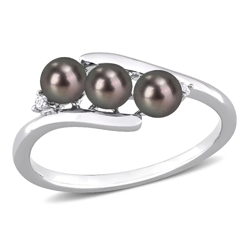 Miadora 3.5-4mm Black Cultured Freshwater Pearl and Diamond Accent Triple Pearl Bypass Ring in Sterling Silver