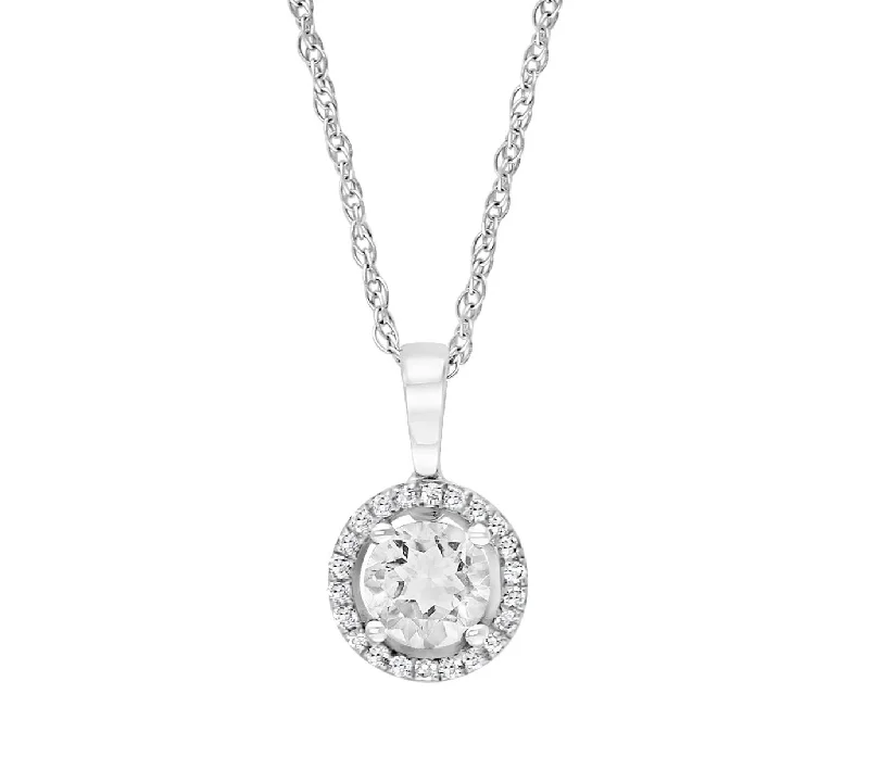 14K White Gold 0.80ctw White Topaz & Diamond Halo Necklace