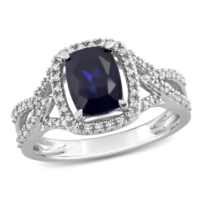 Miadora 2 1/5ct TGW Cushion-cut Created Blue Sapphire and 1/6ct TDW Diamond Crossover Ring in 10k White Gold