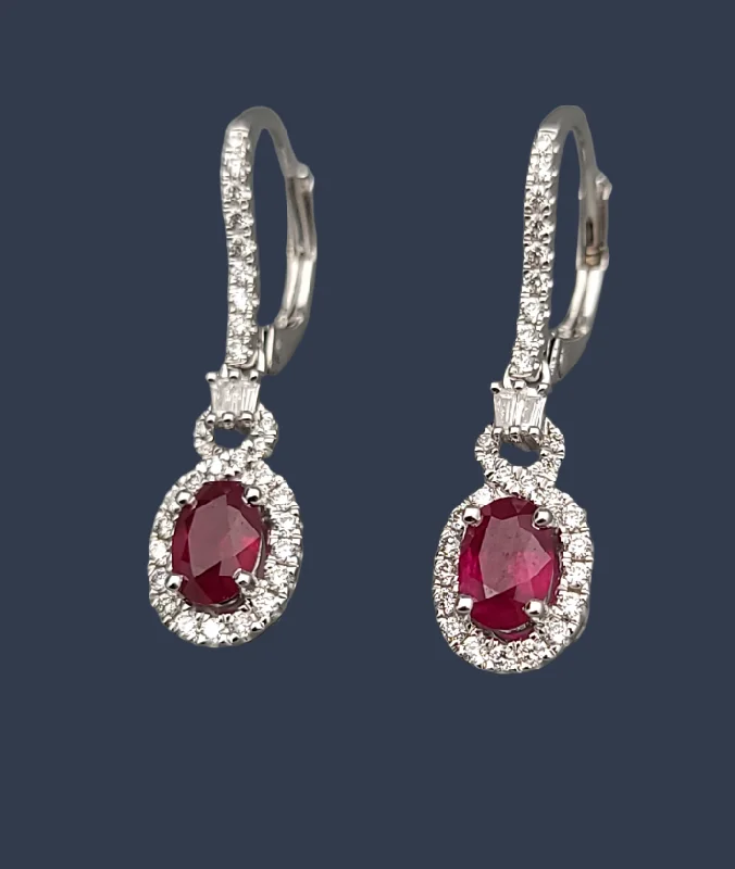 Ruby Diamond Dangle Earrings 14K White Gold