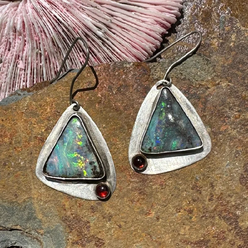 Sterling Silver Boulder Opal Garnet Pierced Earrings