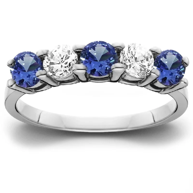 1 cttw Blue Sapphire & Diamond 5-Stone Wedding Anniversary Ring White Gold