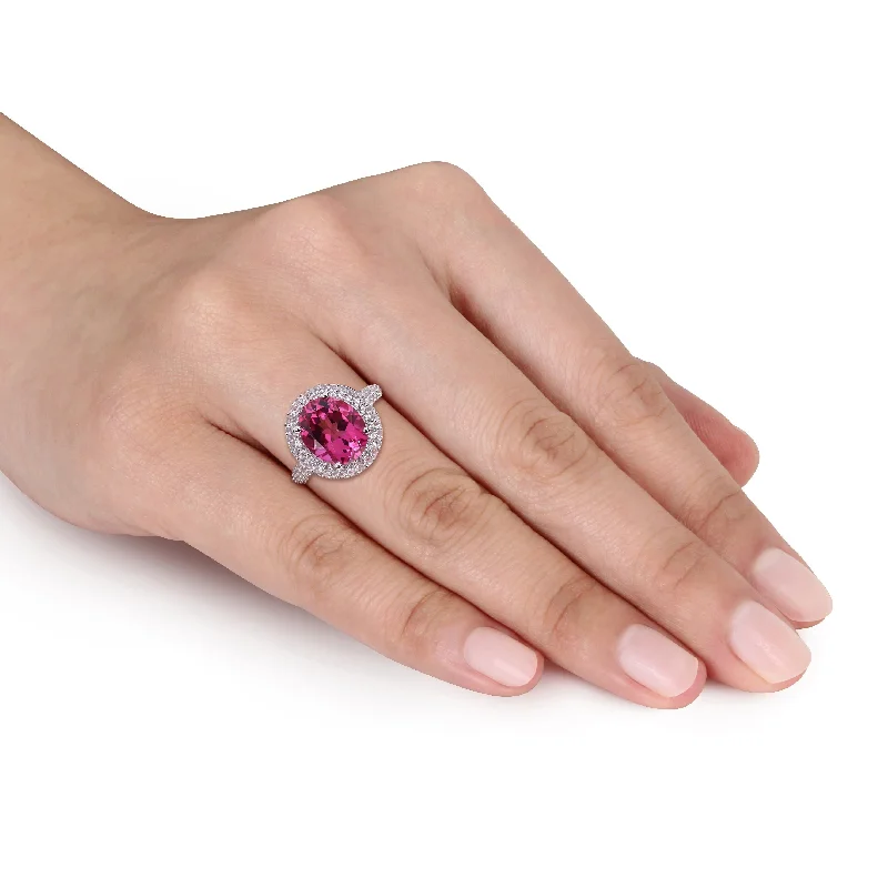 Miadora Oval-cut Pink Topaz and Created White Sapphire Double Halo Cocktail Ring in Sterling Silver