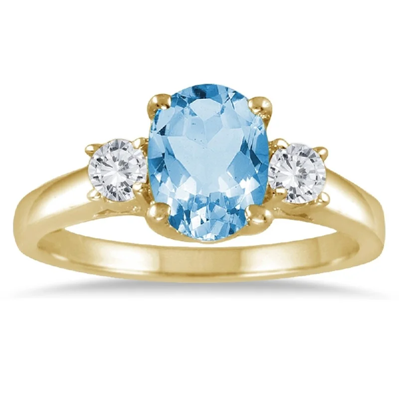 1 3/4 Carat Blue Topaz and Diamond Three Stone Ring 14K Yellow Gold