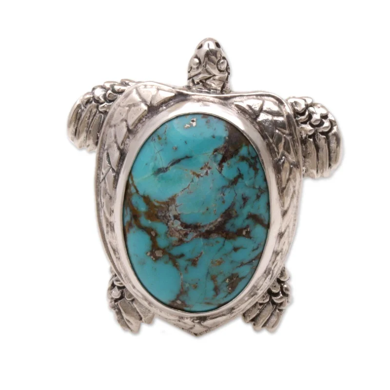 NOVICA Handmade Sterling Silver Men's 'Chelonia Turtle' Turquoise Ring - Blue