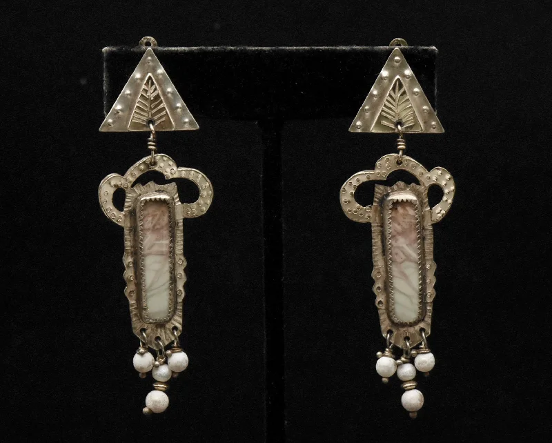 Julie Shaw - Vintage Handmade Sterling Silver and 14K Gold, Jasper and Pearls Clip On Earrings