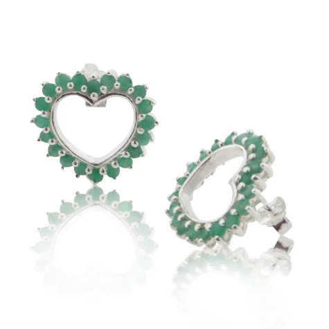 Large Sterling Silver 3cttw Genuine Emerald Open Heart Stud Earrings