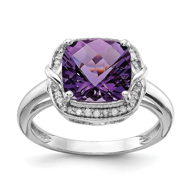 Curata 925 Sterling Silver Diamond and Amethyst Ring