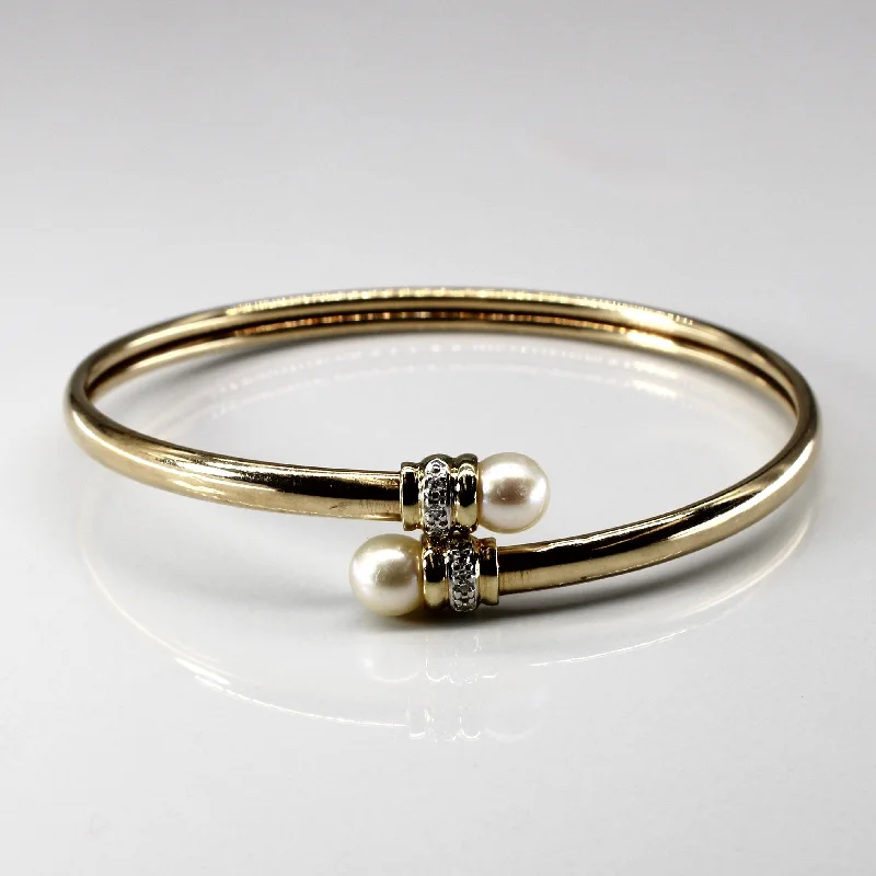 Bypass Pearl & Diamond Gold Bangle | 0.03ctw | 7.5"|