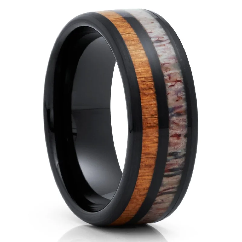 Deer Antler Black Tungsten Wedding Ring 8Mm Cherry Wood Inlay Comfort Fit