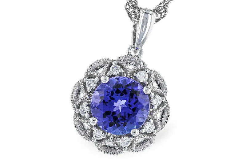 14K White Gold 1.50ctw Tanzanite & Diamond Lace Halo Necklace by Allison Kaufman