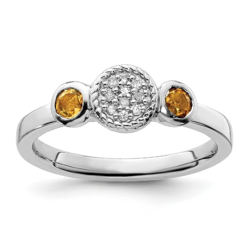 Curata 925 Sterling Silver Bezel Polished Prong set Stackable Expressions Db Round Citrine and Dia. Ring