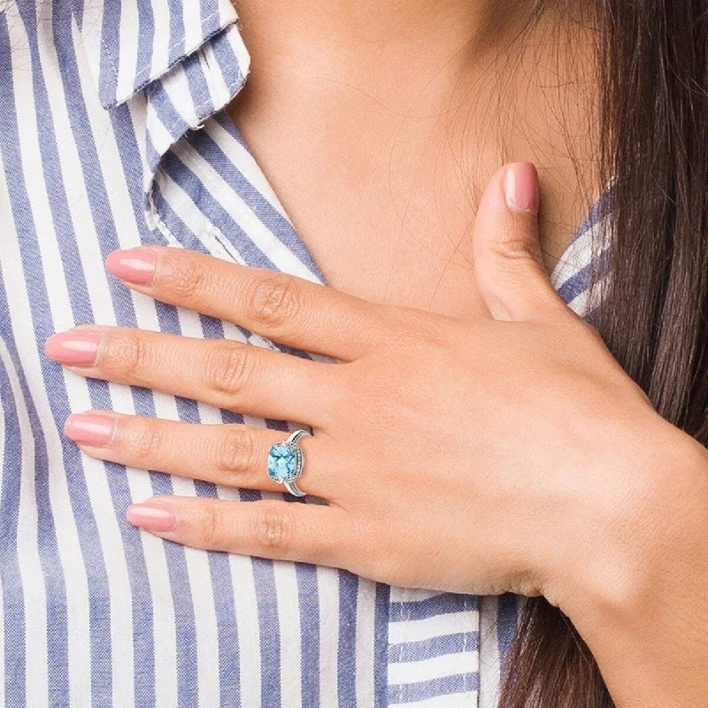 Curata 925 Sterling Silver Diamond and Light Swiss Blue Topaz Ring