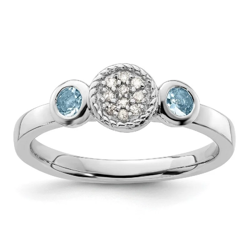 Curata 925 Sterling Silver Bezel Polished Prong set Stackable Expressions Db Round Aquamarine and Dia. Ring