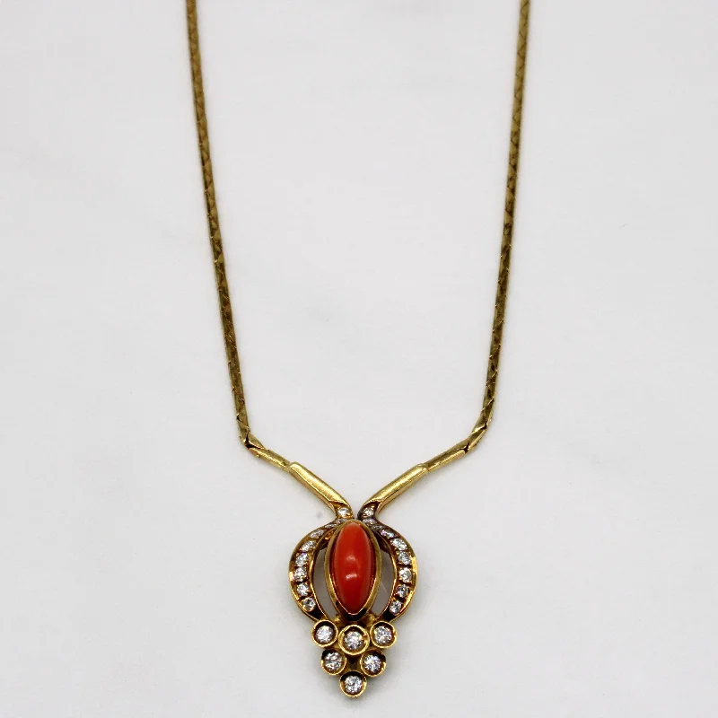 Coral & Diamond Pendant Necklace | 1.35ct, 0.40ctw | 15" |