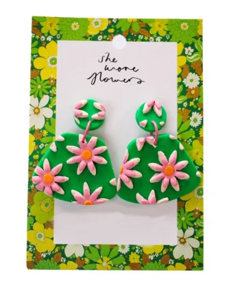 She Wore Flowers Dangles - Green With Pink Flowers