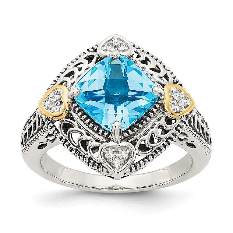 Curata 925 Sterling Silver Polished Prong set With 14k Diamond and Blue Topaz Ring