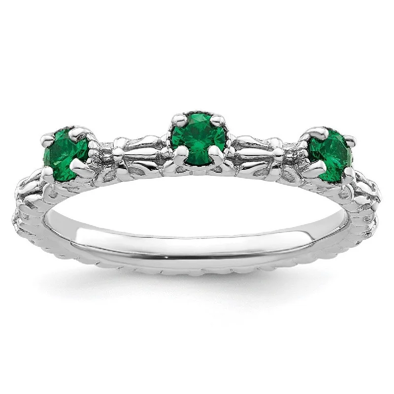 Curata 2.5mm 925 Sterling Silver Polished Prong set Stackable Expressions Created Emerald Three Stone Ring