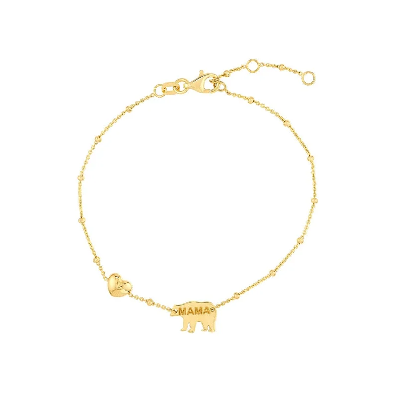 14K Yellow Gold Mama Bear & Puffed Heart Bracelet