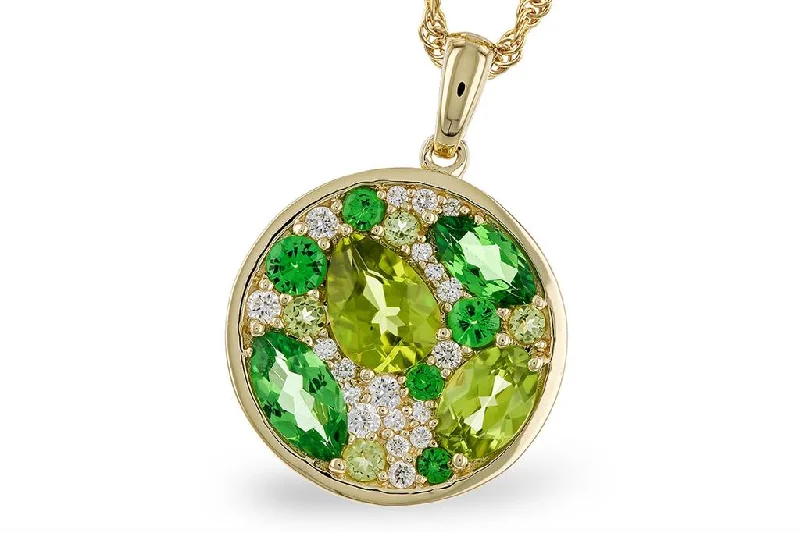 14K Yellow Gold 2.36ctw Tsavorite Garnet, Peridot & Diamond Cluster Necklace by Allison Kaufman