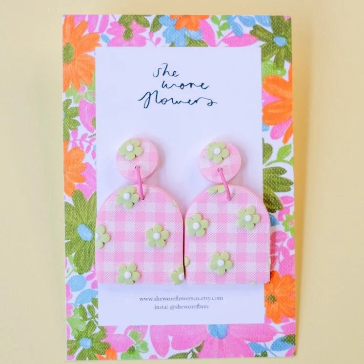 She Wore Flowers Dangles - Pink Gingham Rectangle