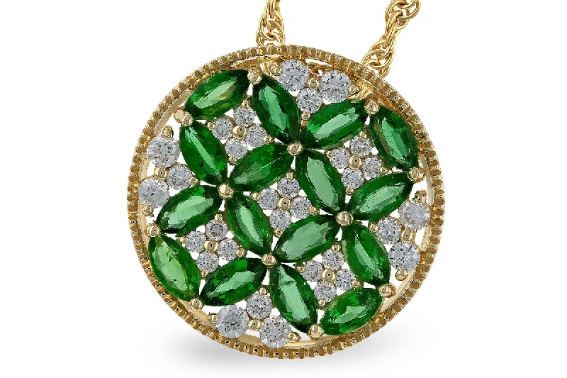 14K Yellow Gold 1.32ctw Emerald & Diamond Floral Medallion Necklace by Allison Kaufman