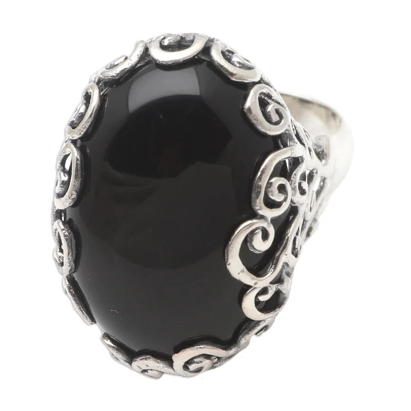 Novica Handmade Licorice Candy Onyx Cocktail Ring