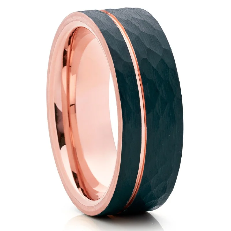 Black Tungsten Wedding Ring 8Mm Hammered Rose Gold Ip Comfort Fit Cobalt Free