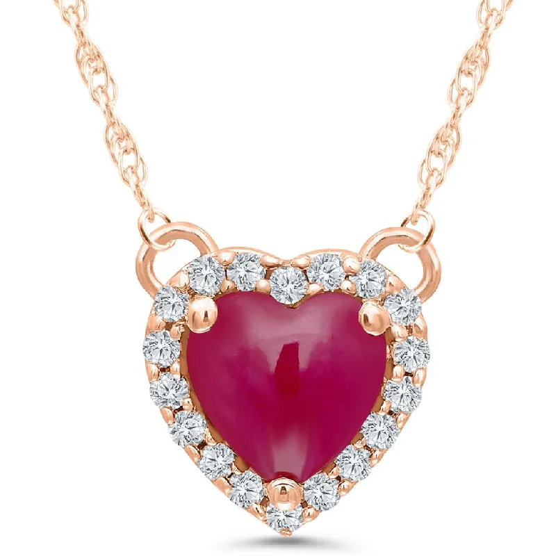 14K Rose Gold 0.79ctw Heart Shaped Ruby & Diamond Halo Necklace