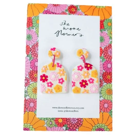 She Wore Flowers Dangles - Cream with Pink Flowers