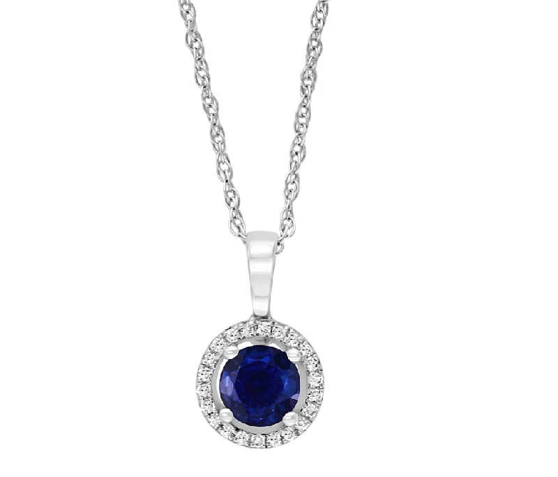 14K White Gold 0.72ctw Round Blue Sapphire & Diamond Halo Necklace