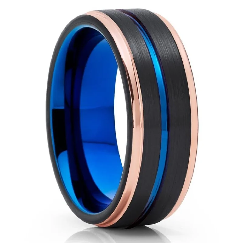 Blue Tungsten Carbide Wedding Ring 6Mm With Rose Gold Ip Plating Comfort Fit