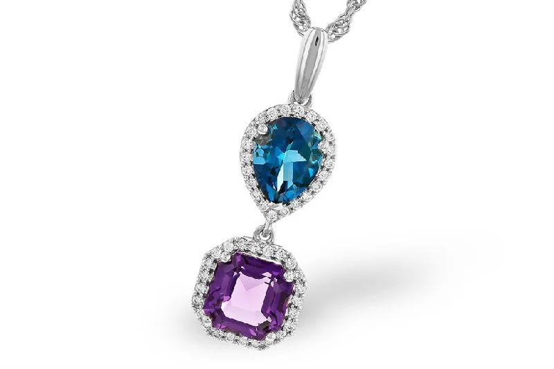 14K White Gold 2.66ctw Blue Topaz & Amethyst Diamond Halo Drop Necklace by Allison Kaufman