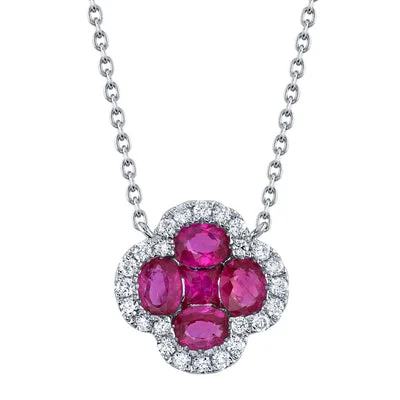 14K White Gold 1.05ctw Ruby & Diamond Halo Clover Necklace by Shy Creation