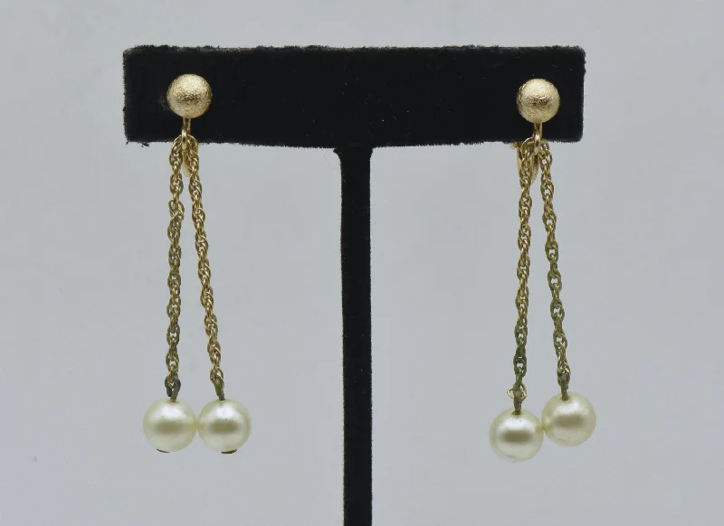 Napier - Vintage Faux Pearl and Gold Tone Clip On Dangle Earrings