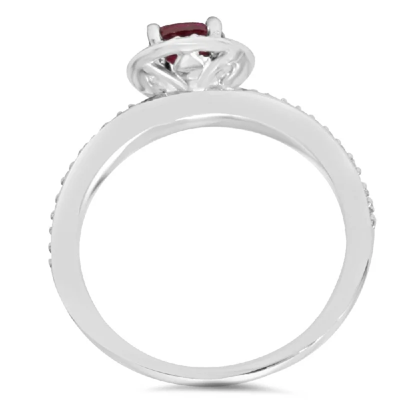 3/4ct Ruby Halo Diamond Pave Enagement Ring White Gold