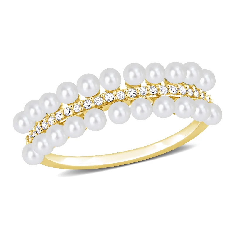 Miadora White Cultured Freshwater Pearl and 1/10ct TDW Diamond Multi-row Eternity Ringing 10k Yellow Gold