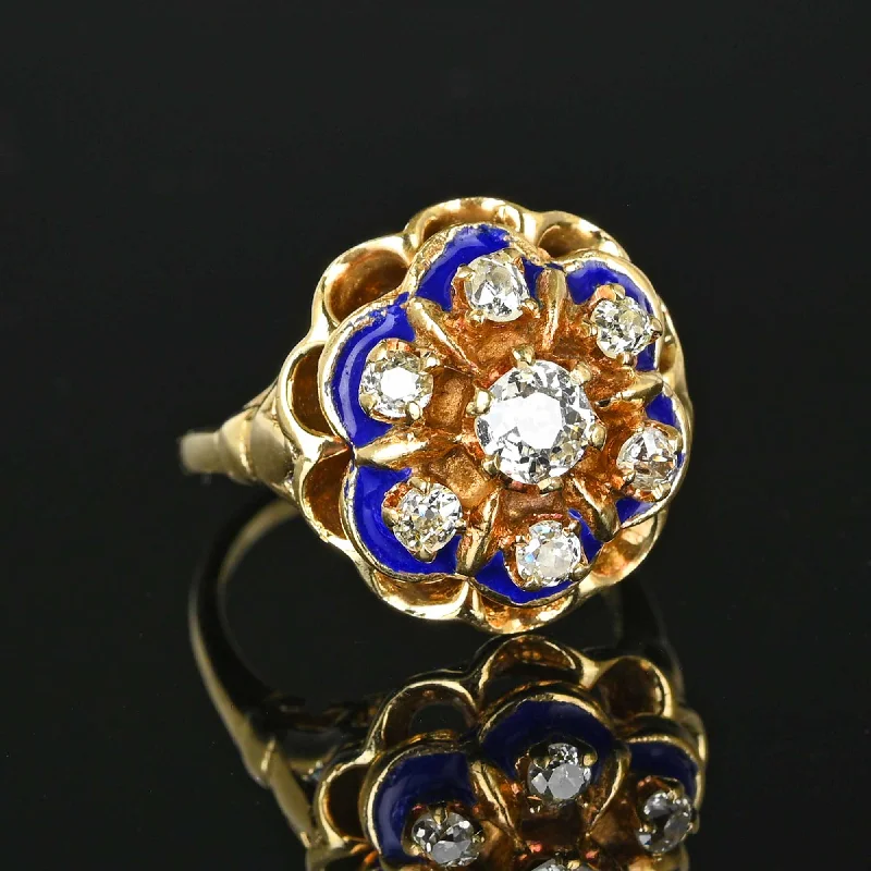 Cobalt Blue Enamel Mine Cut Diamond Ring in 14K Gold